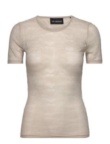 Lace Monogram Short Sleeve Tops T-shirts & Tops Short-sleeved Beige HA...
