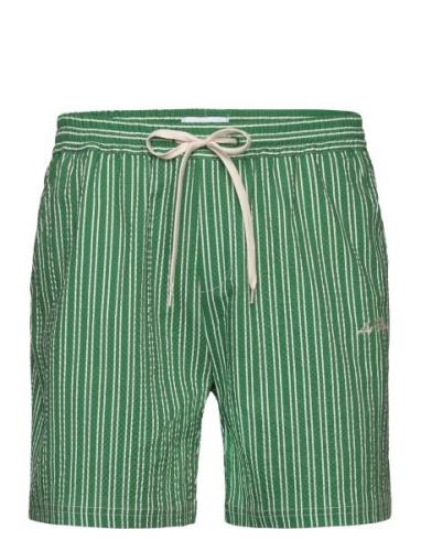 Les Deux Stan Stripe Seersucker Swim Shorts Grön