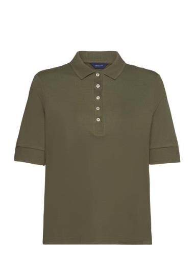 Detail Collar Ss Polo Pique Tops T-shirts & Tops Polos Khaki Green GAN...