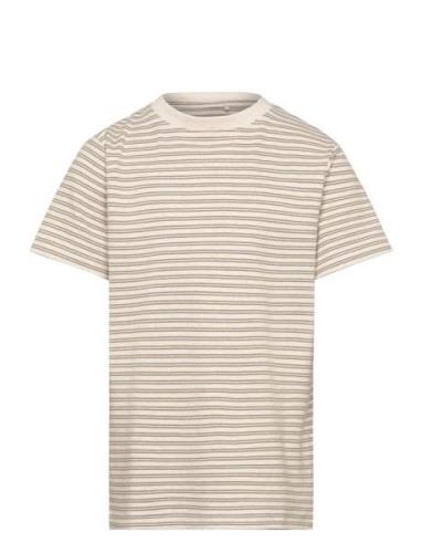 T-Shirt Ss Striped Rib Tops T-shirts Short-sleeved Beige Huttelihut