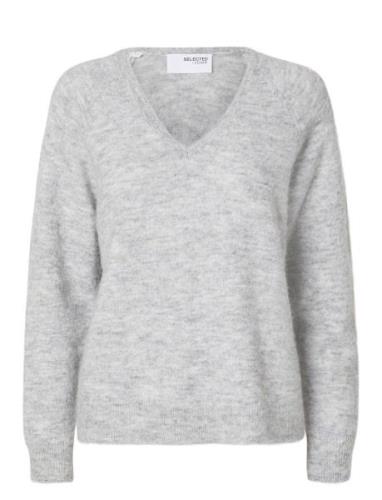 Selected Femme Slflulu New Ls Knit V-Neck B Noos Grå