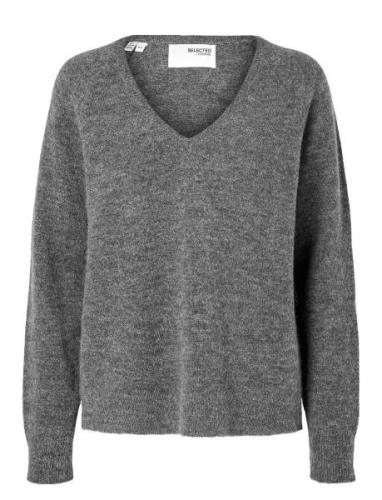 Selected Femme Slflulu New Ls Knit V-Neck B Noos Grå