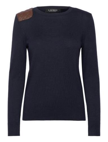 Lauren Ralph Lauren Faux-Leather-Trim Cotton-Blend Sweater Marinblå