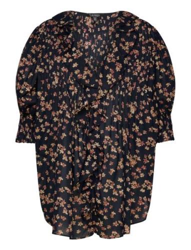 Lauren Women Floral Cotton Voile Puff-Sleeve Blouse Svart