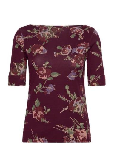 Lauren Ralph Lauren Floral Stretch Cotton Boatneck Tee Burgundy