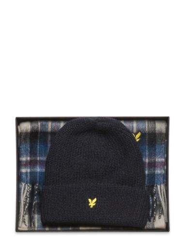 Lyle & Scott Lambswool Blend Checked Scarf And Beanie Gift Set Marinbl...