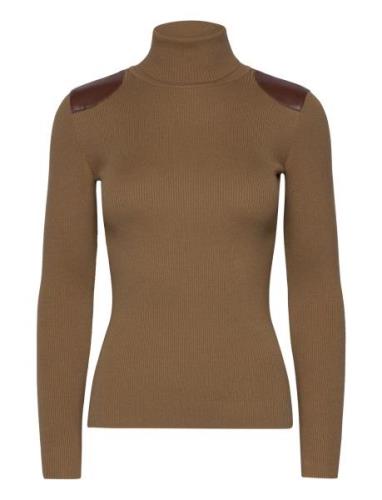 Lauren Ralph Lauren Faux-Leather-Trim Ribbed Turtleneck Brun