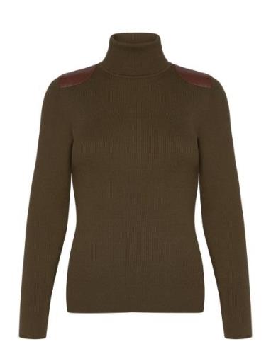 Lauren Ralph Lauren Faux-Leather-Trim Ribbed Turtleneck Khaki Green