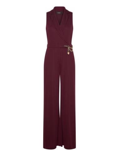 Lauren Ralph Lauren Chain-Trim Stretch Jersey Jumpsuit Burgundy