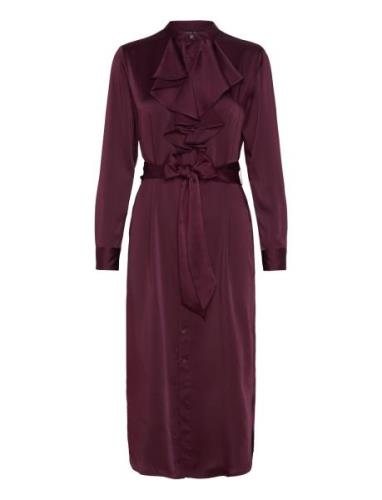 Lauren Ralph Lauren Ruffle-Trim Satin Charmeuse Shirtdress Burgundy