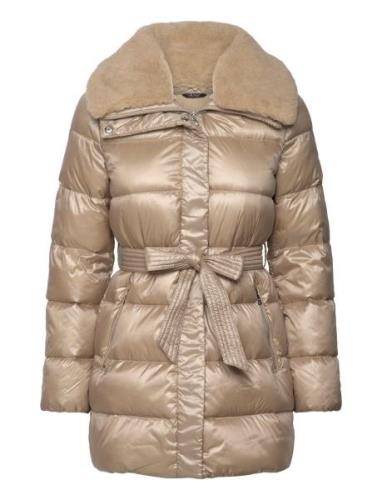 Lauren Ralph Lauren Faux-Shearling-Trim Belted Down Coat Beige