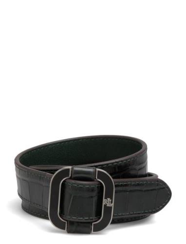 Lauren Ralph Lauren Slide-Buckle Croc-Embossed Leather Belt Khaki Gree...