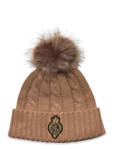 Lauren Ralph Lauren Crest-Patch Pom-Pom Cable-Knit Beanie Beige