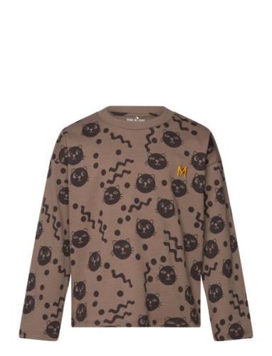 Mini Rodini Squiggly Cats Aop Ls Tee Brun